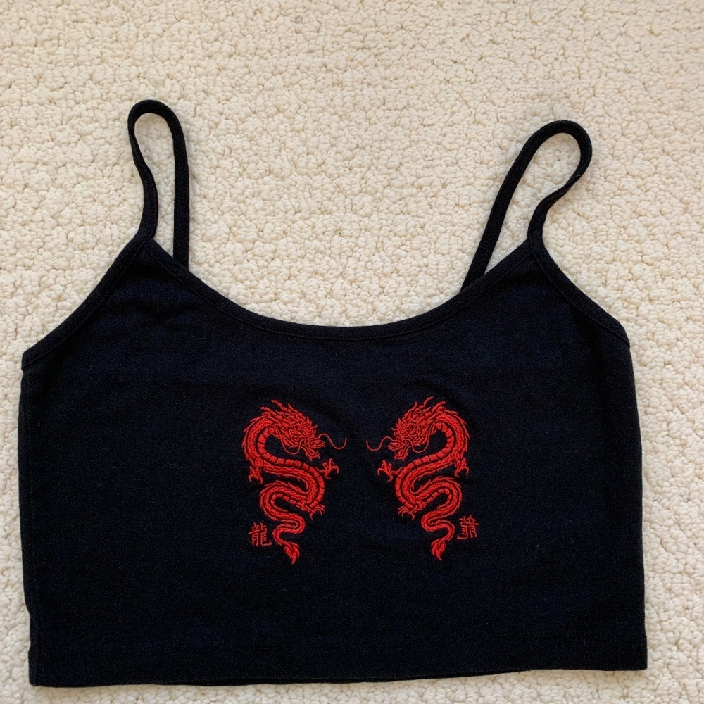 Urban Outfitters Black Tank Top with Red Dragon Embroidery